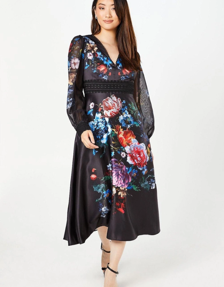 Printed Organza Long Sleeve Midi Wedding Guest Dress