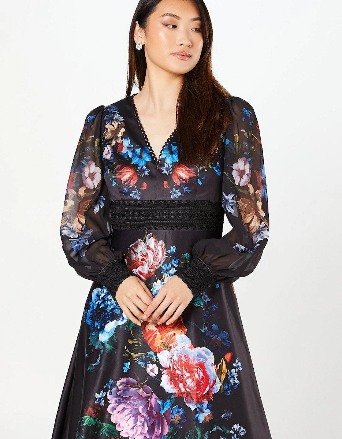 Printed Organza Long Sleeve Midi Wedding Guest Dress