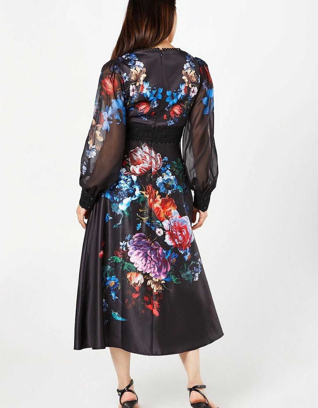 Printed Organza Long Sleeve Midi Wedding Guest Dress