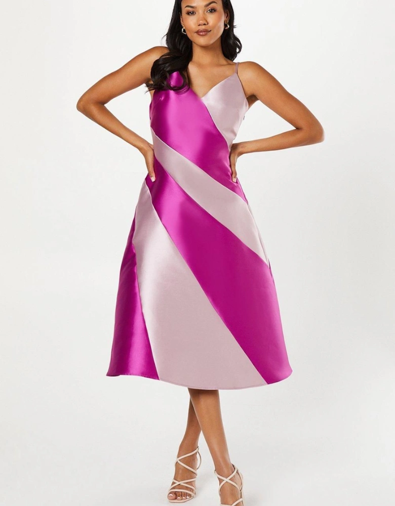 Satin Twill Colour Block Midi Wedding Guest Dress