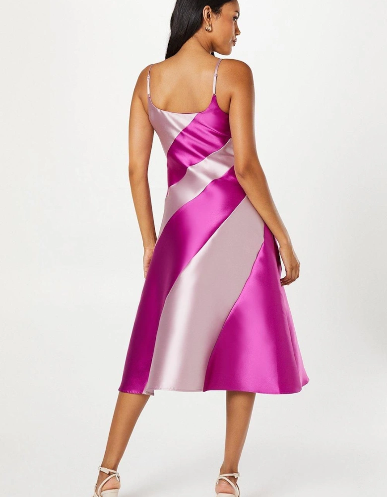 Satin Twill Colour Block Midi Wedding Guest Dress