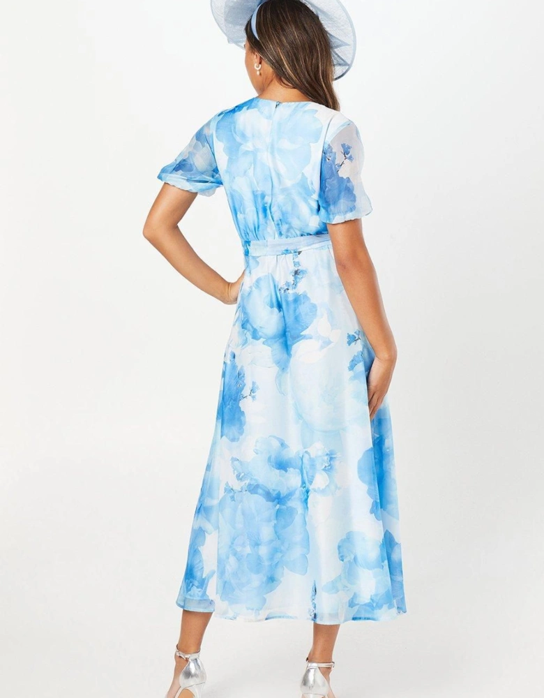 Printed Balloon Sleeve Organza Midi Dress