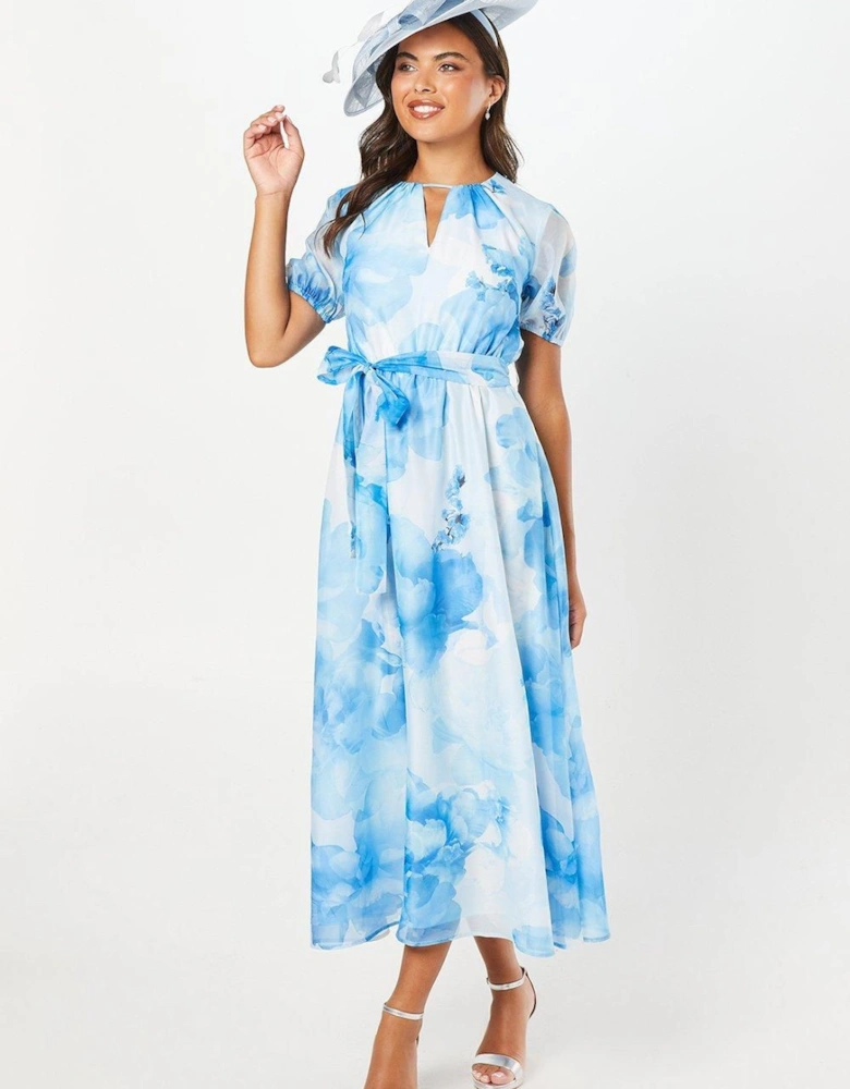 Printed Balloon Sleeve Organza Midi Dress