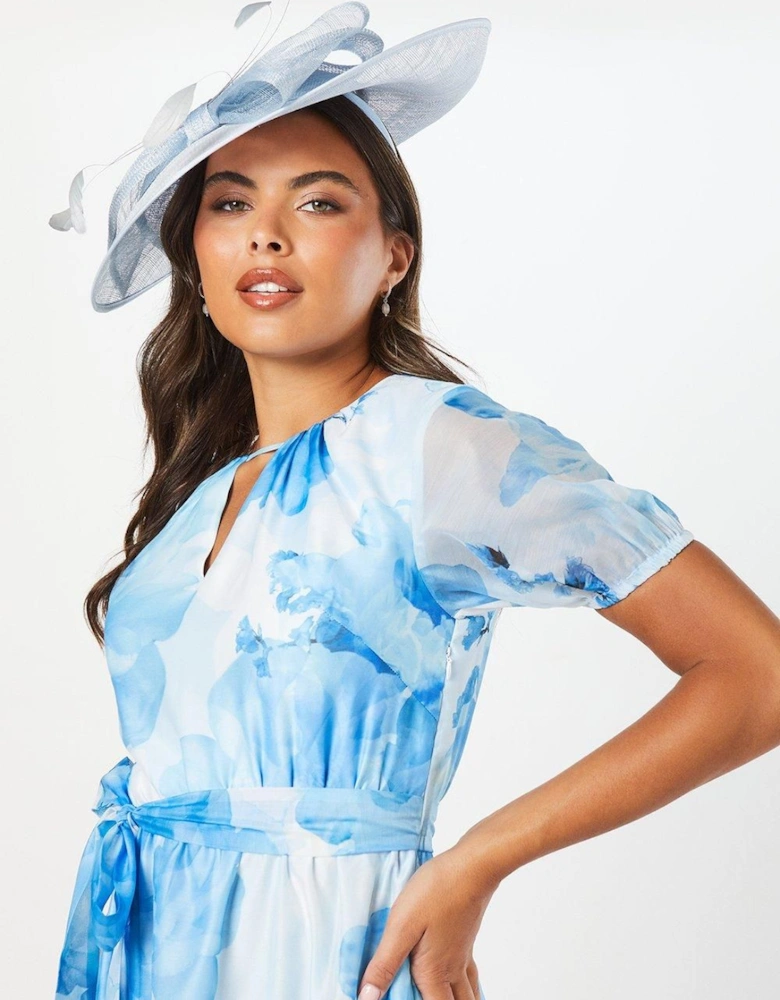 Printed Balloon Sleeve Organza Midi Dress