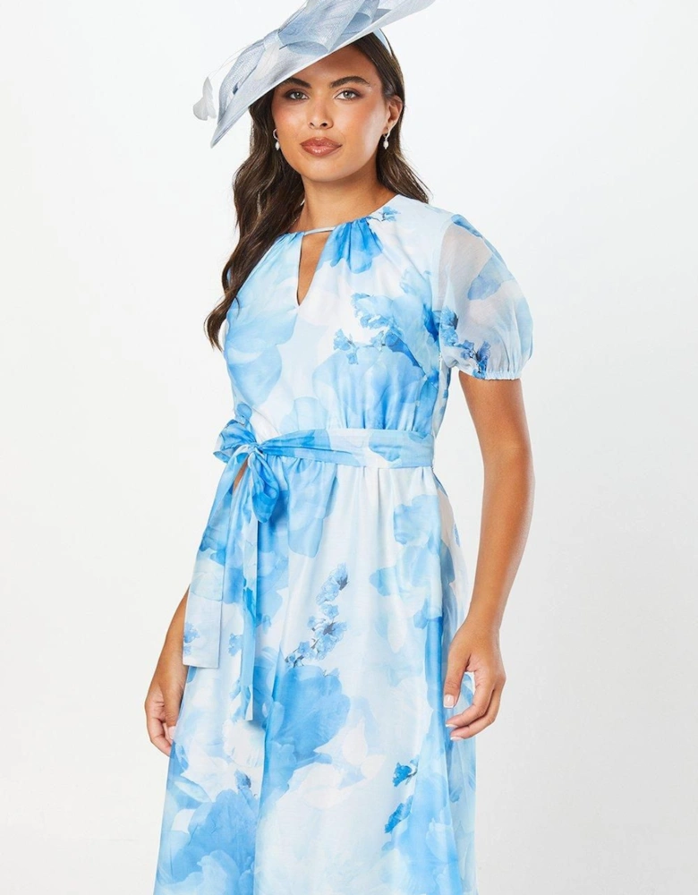 Printed Balloon Sleeve Organza Midi Dress