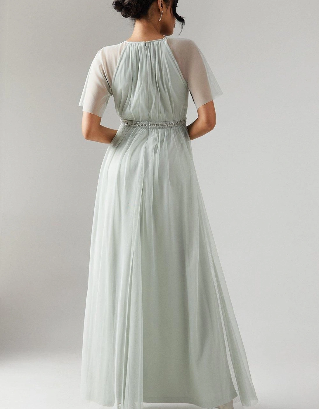 Bow Detail Angel Sleeve Mesh Bridesmaids Maxi Dress