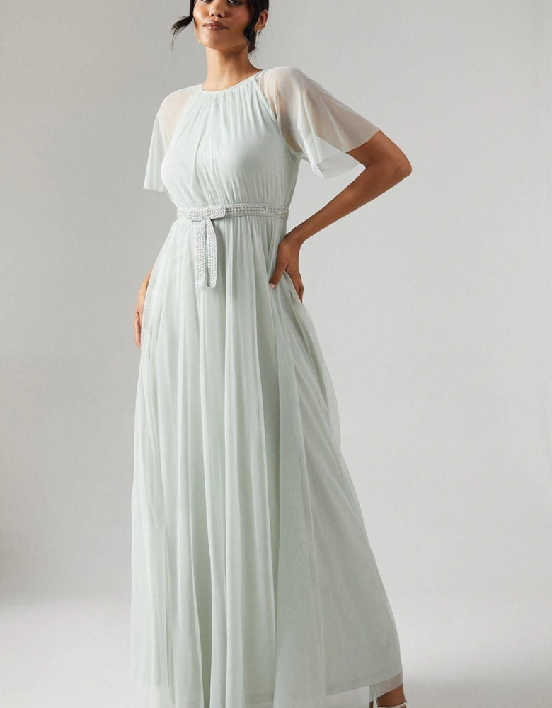 Bow Detail Angel Sleeve Mesh Bridesmaids Maxi Dress