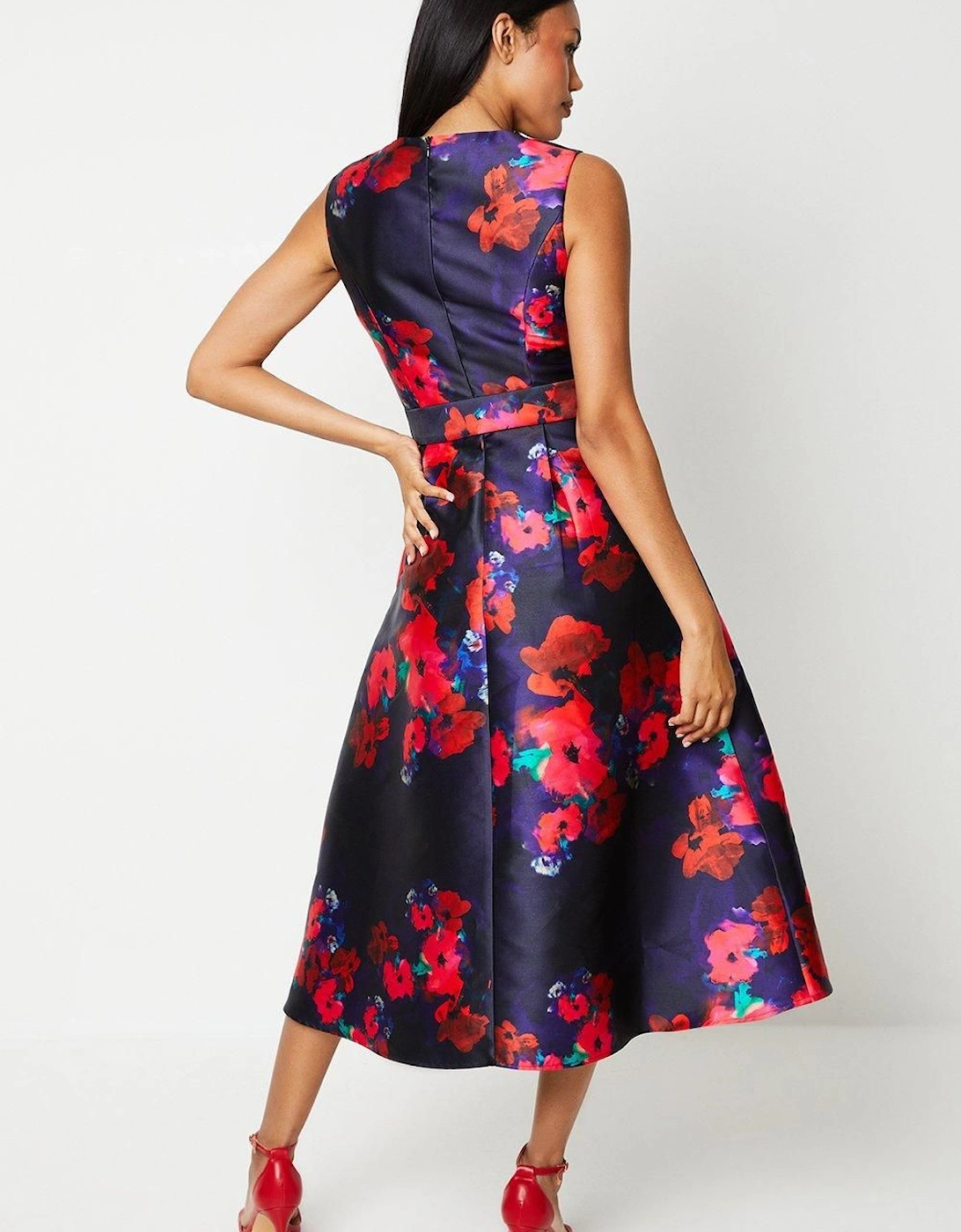 Printed Notch Neck Belted Twill Midi Dress