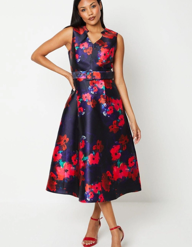 Printed Notch Neck Belted Twill Midi Dress