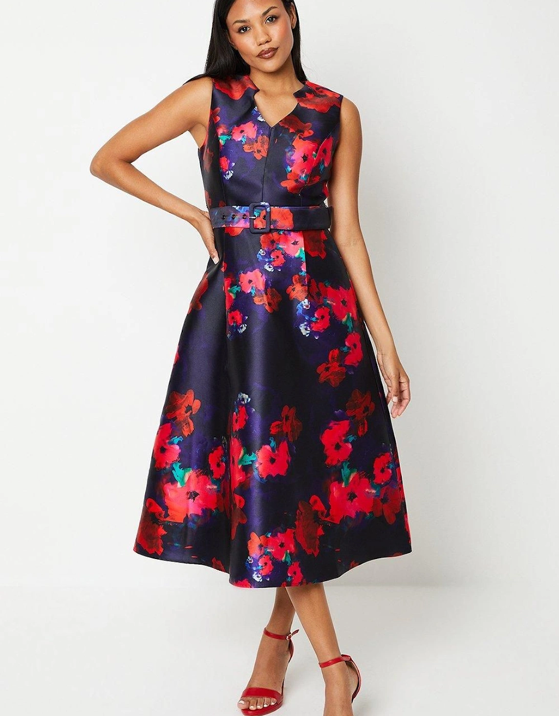 Printed Notch Neck Belted Twill Midi Dress, 6 of 5