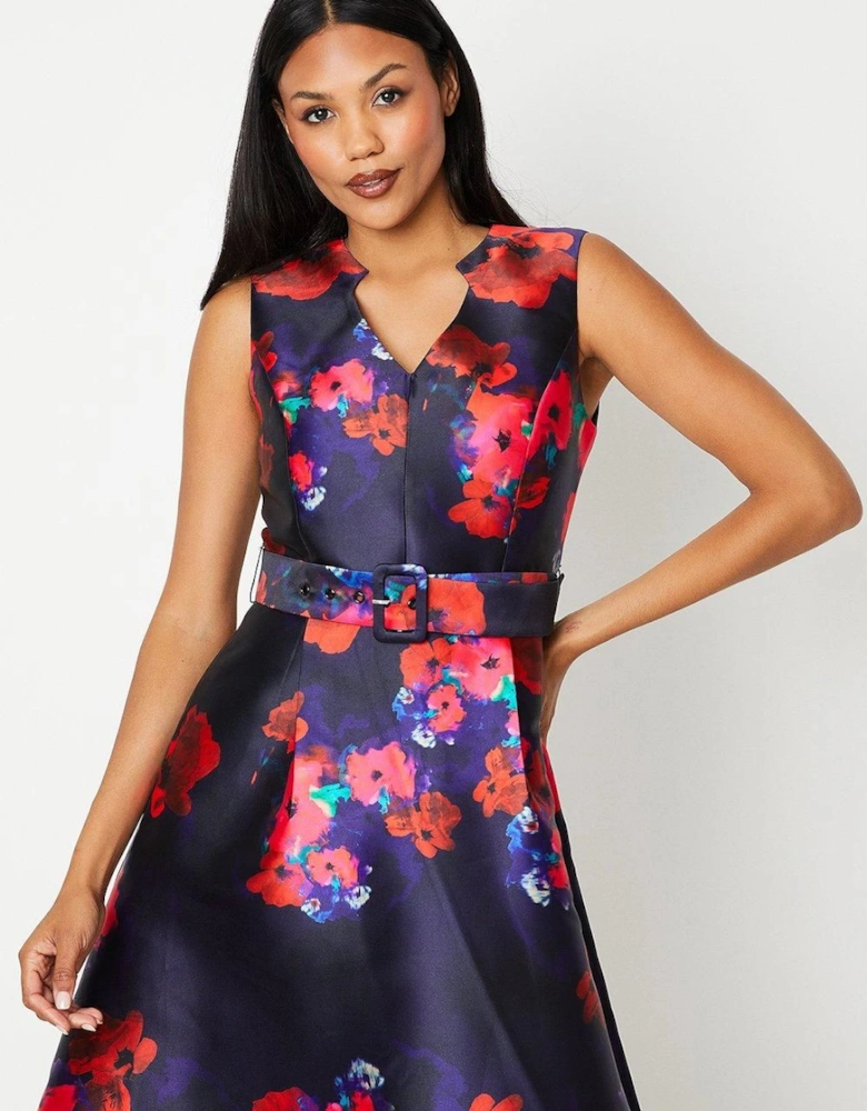 Printed Notch Neck Belted Twill Midi Dress