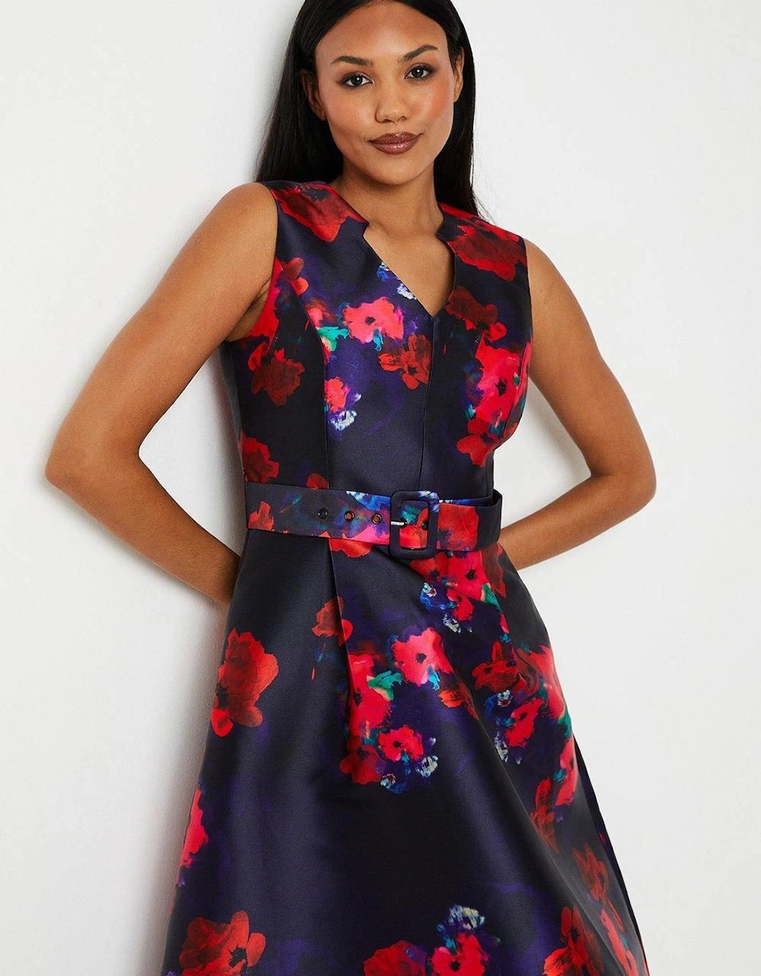 Printed Notch Neck Belted Twill Midi Dress