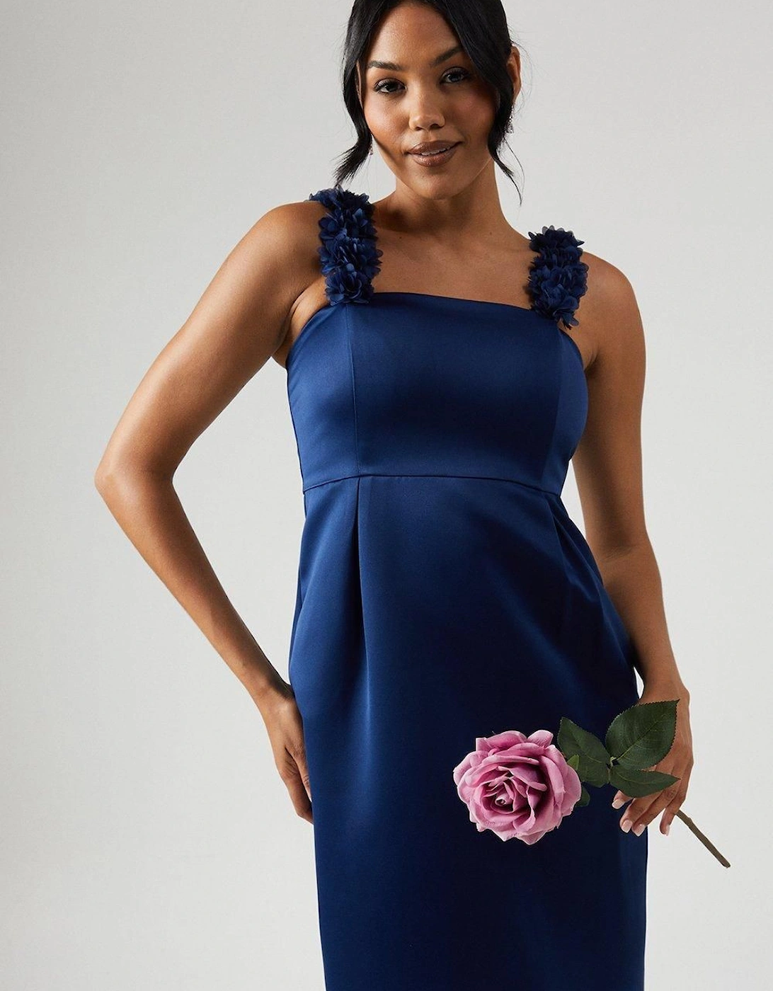 Floral Bardot Satin Bridesmaid Dress