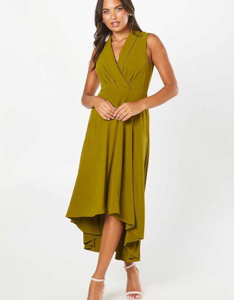 Collared Wrap Bodice Drape Crepe Midi Wedding Guest Dress