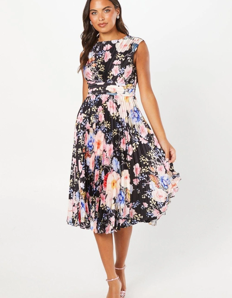 Printed Pleated Satin Midi Wedding Guest Dress