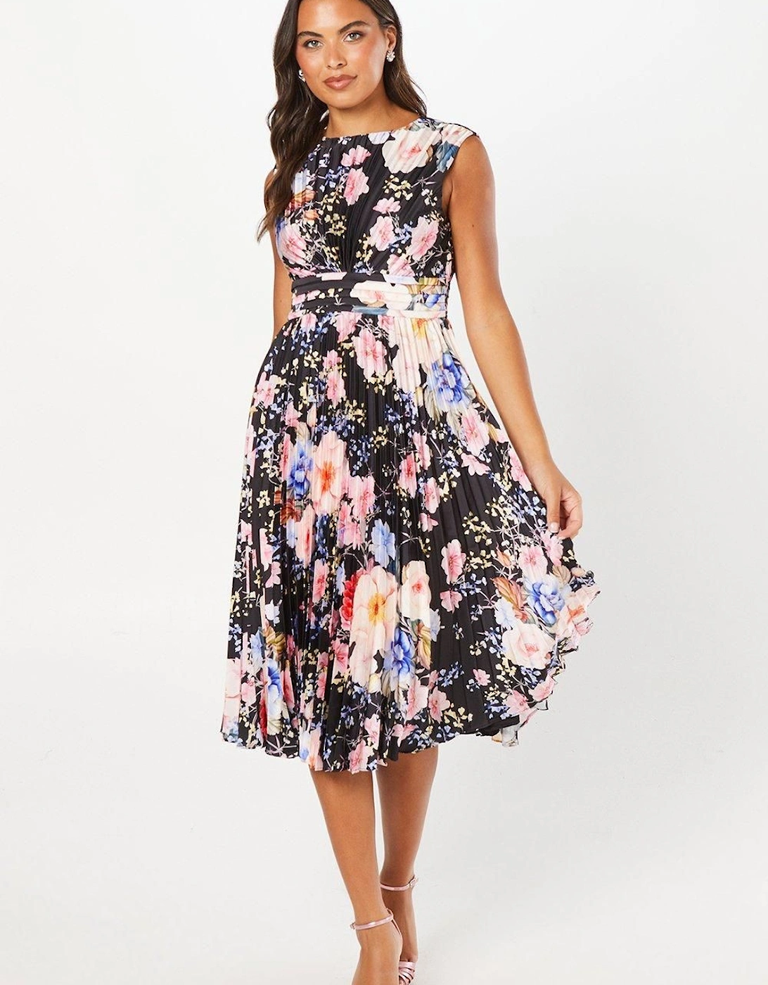 Printed Pleated Satin Midi Wedding Guest Dress, 6 of 5