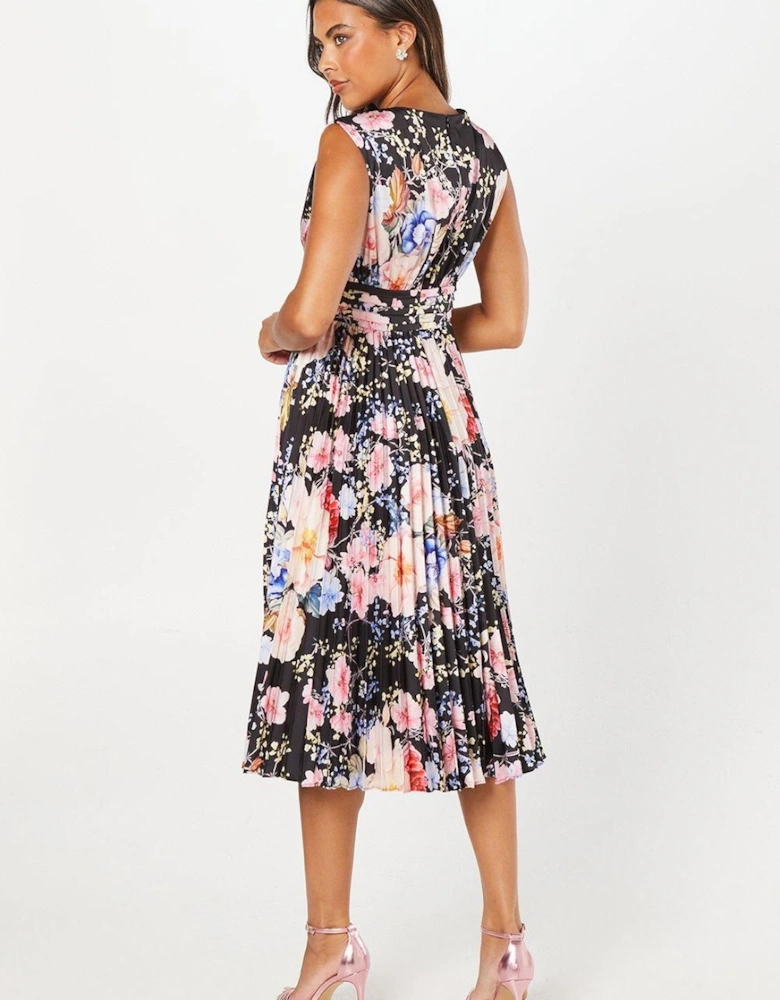 Printed Pleated Satin Midi Wedding Guest Dress