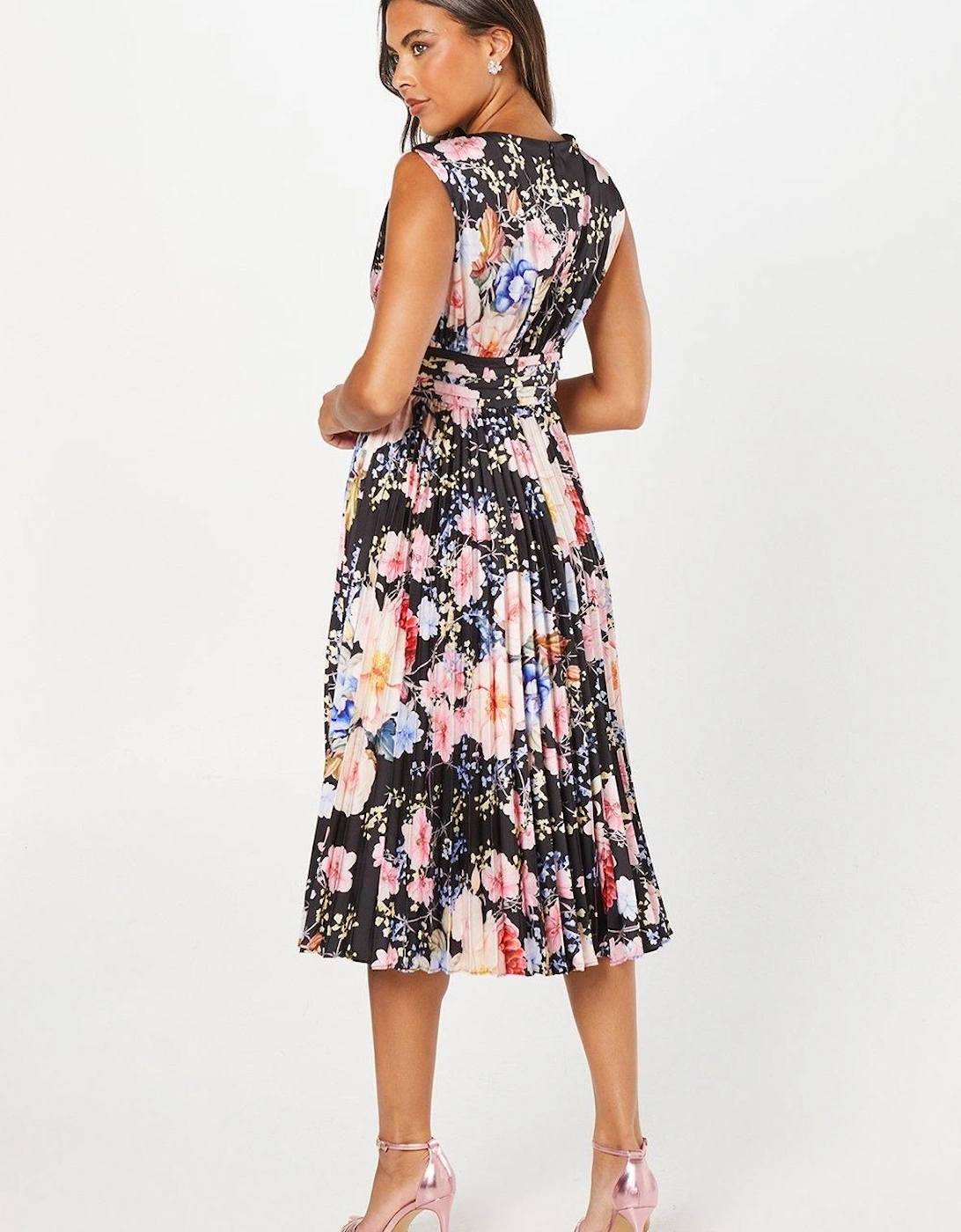 Printed Pleated Satin Midi Wedding Guest Dress