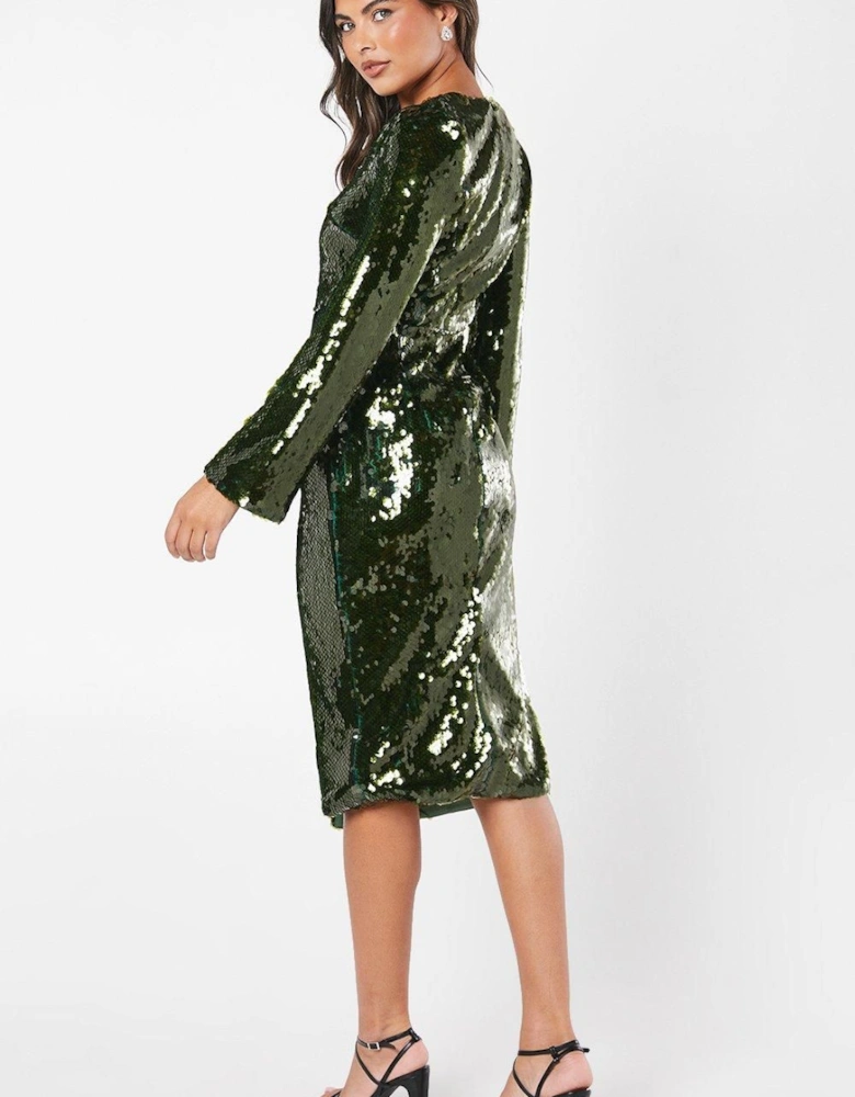 Party Sequin Long Sleeve Pencil Dress With Square Neck