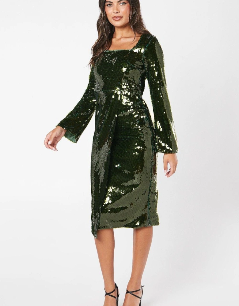 Party Sequin Long Sleeve Pencil Dress With Square Neck