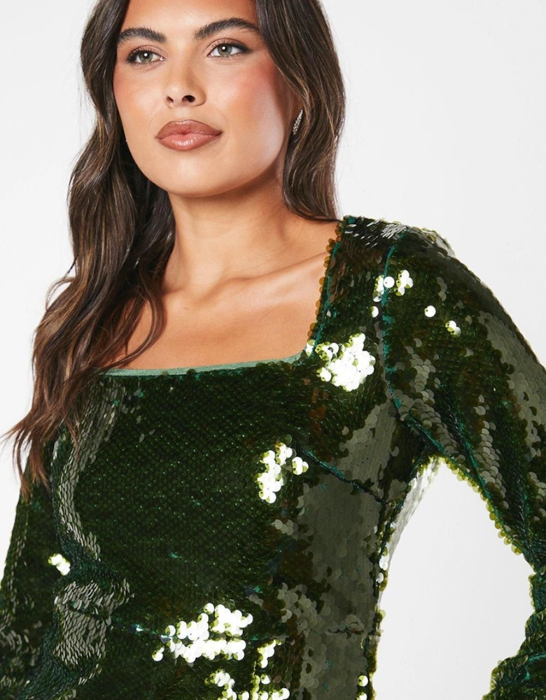 Party Sequin Long Sleeve Pencil Dress With Square Neck