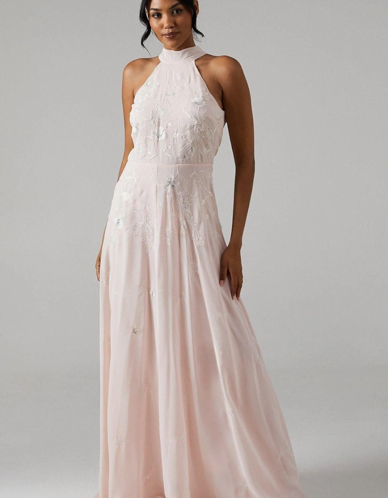 Embroidered Floral Halterneck Bridesmaid Maxi Dress