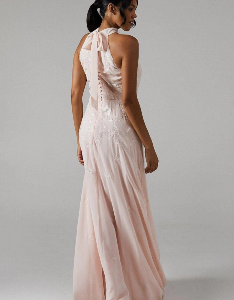 Embroidered Floral Halterneck Bridesmaid Maxi Dress