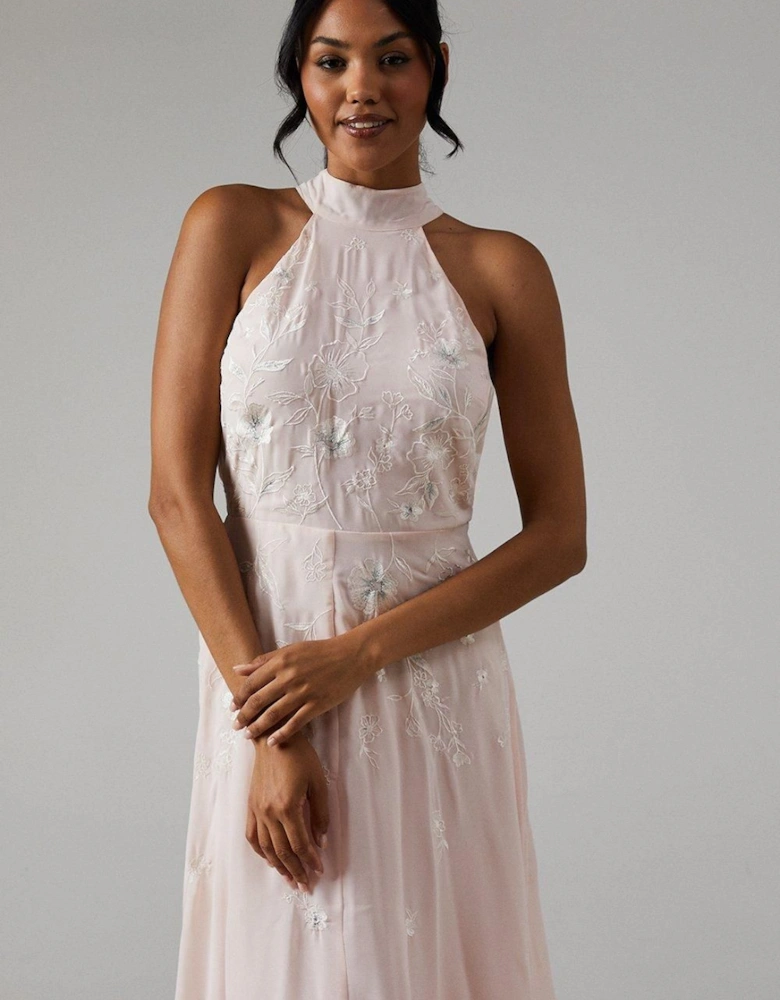 Embroidered Floral Halterneck Bridesmaid Maxi Dress