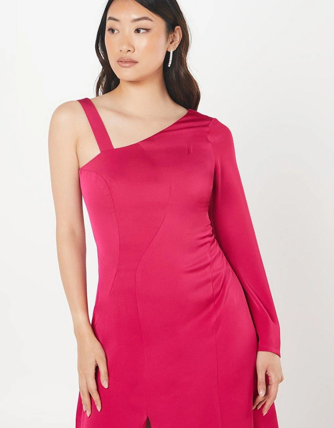 One Shoulder Satin Midi Wedding Guest Dress