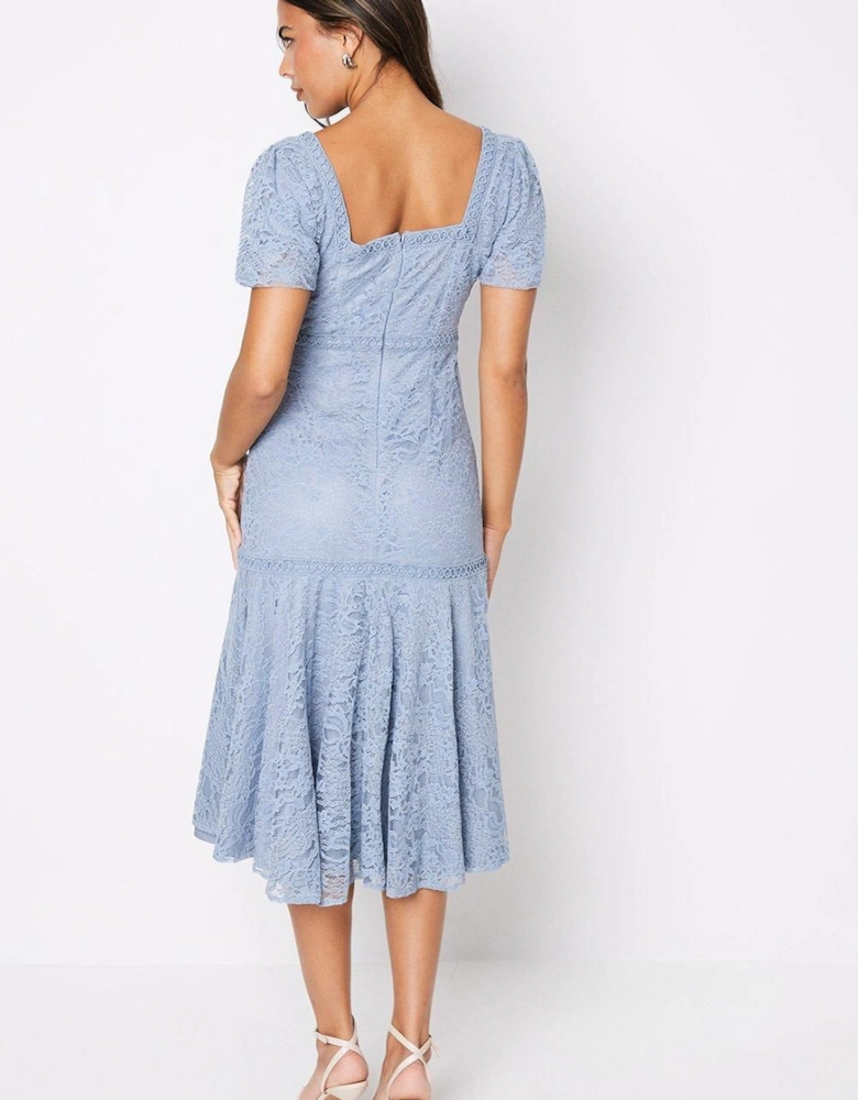 Lace Puff Sleeve High Low Hem Midi Dress