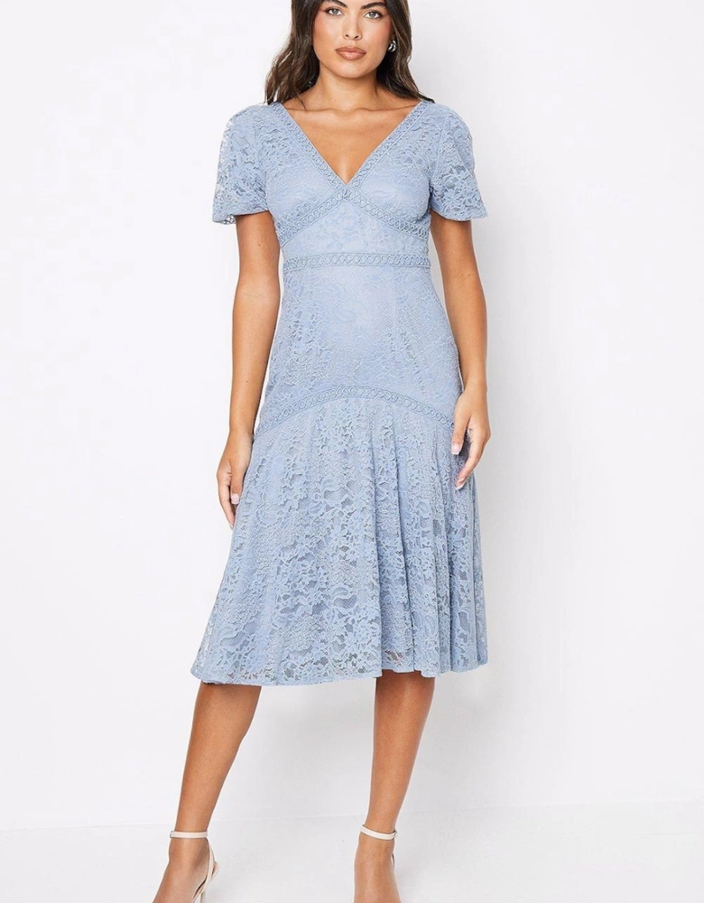 Lace Puff Sleeve High Low Hem Midi Dress