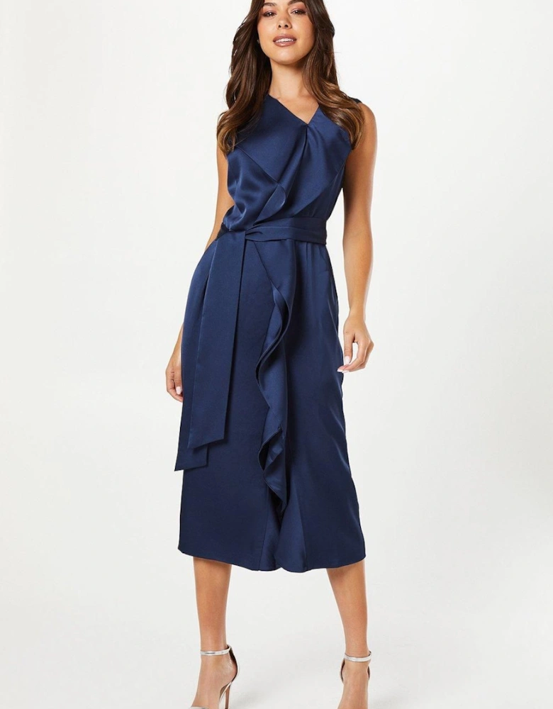 Waterfall Front Belted Satin Midi Dress