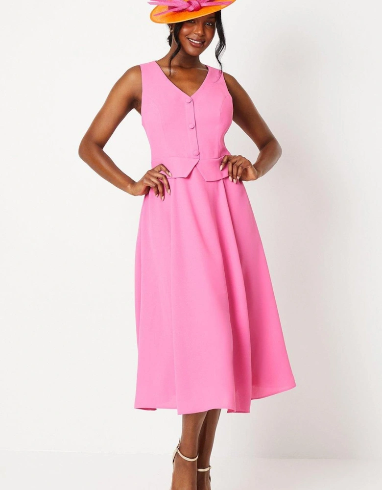 Lisa Tan Waistcoat Midi Dress With Drape Skirt