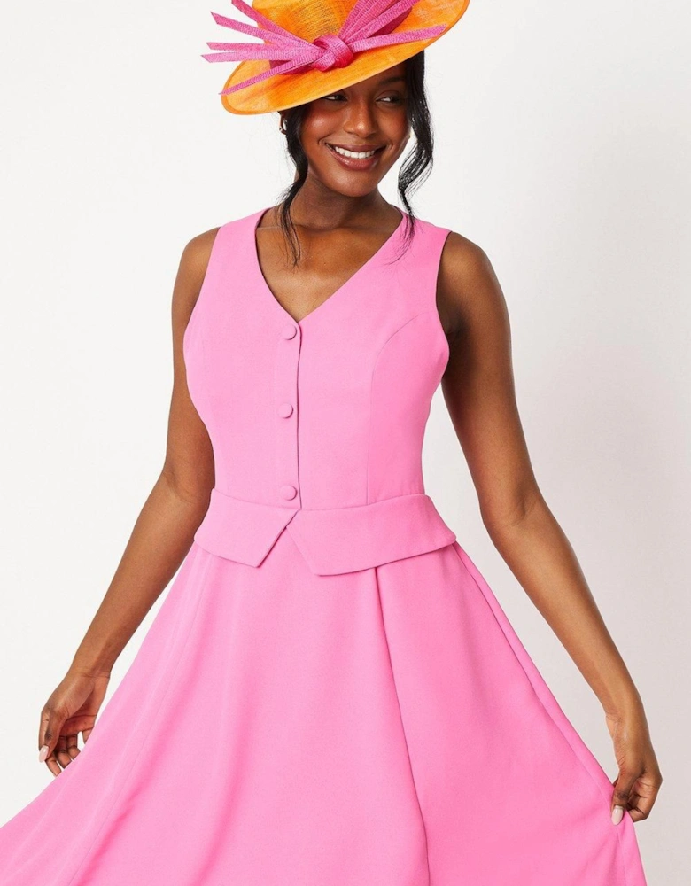 Lisa Tan Waistcoat Midi Dress With Drape Skirt
