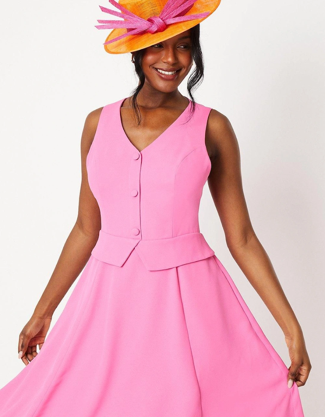 Lisa Tan Waistcoat Midi Dress With Drape Skirt