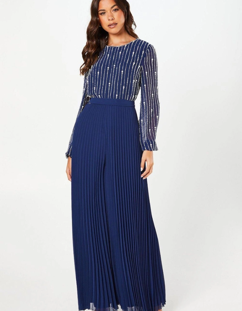 Party Embellished Long Sleeve Pleated Jumpsuit