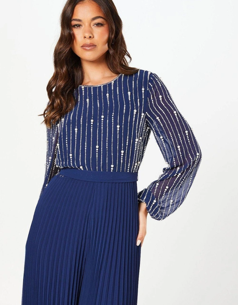 Party Embellished Long Sleeve Pleated Jumpsuit