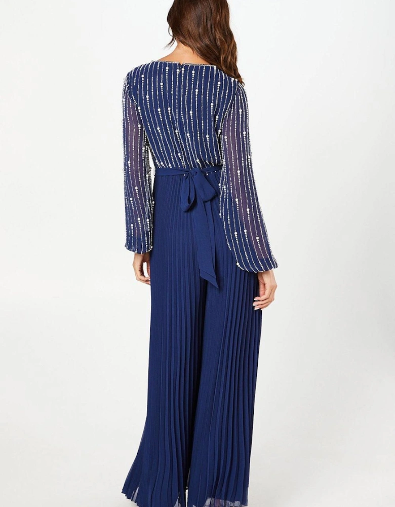 Party Embellished Long Sleeve Pleated Jumpsuit