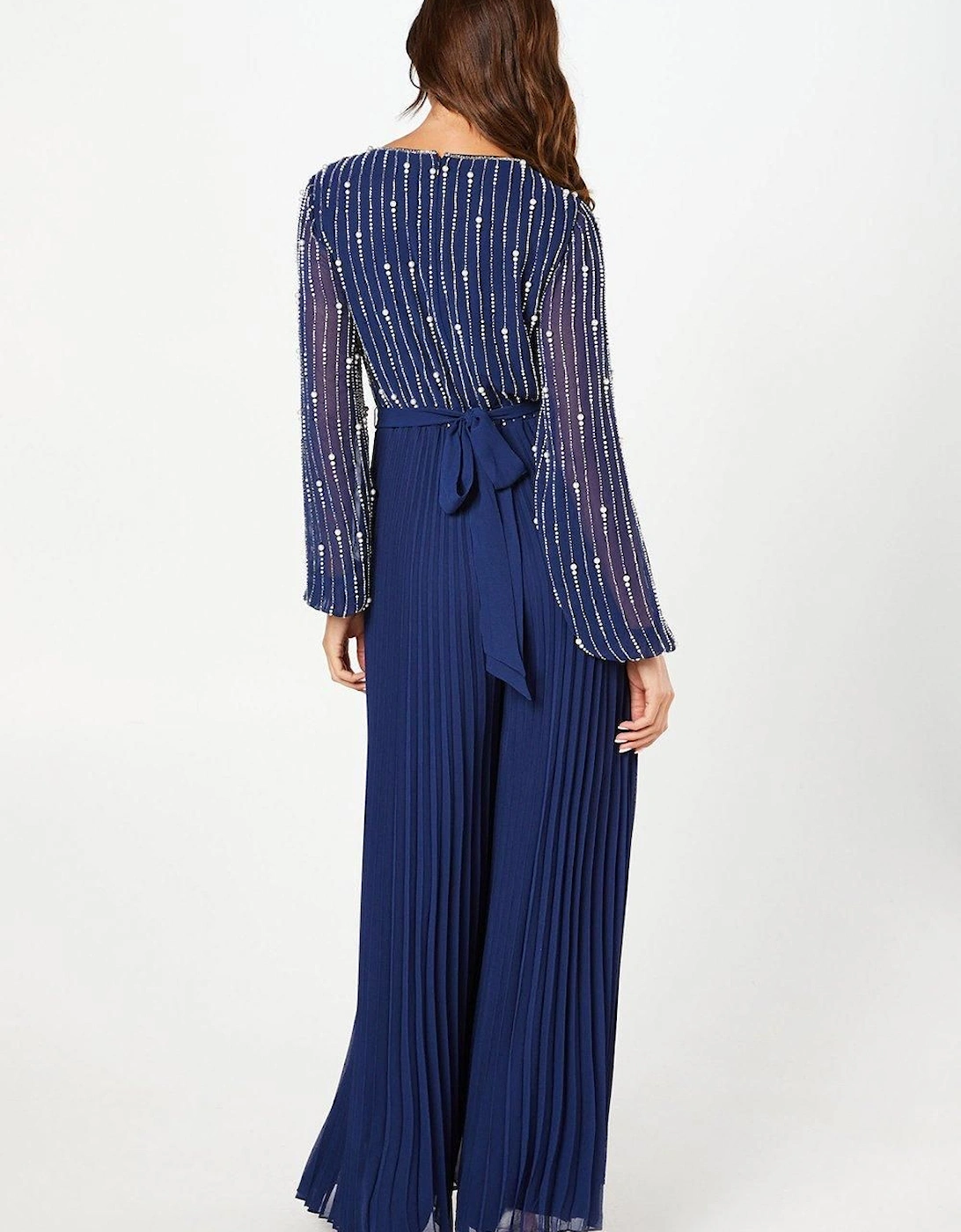 Party Embellished Long Sleeve Pleated Jumpsuit