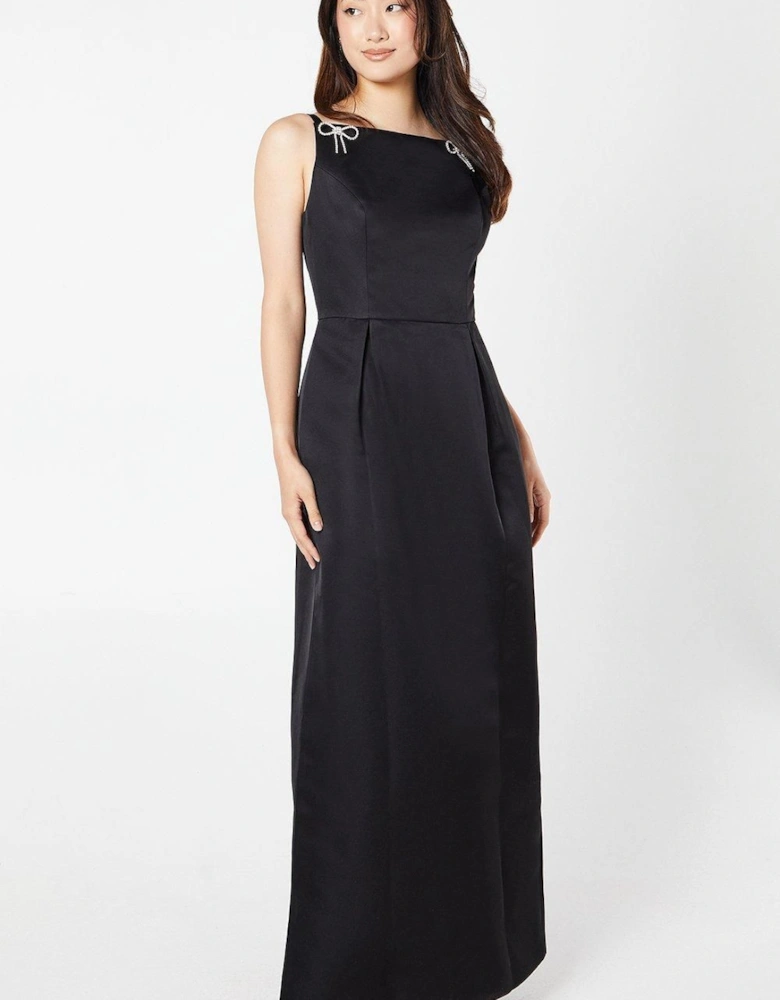 Crystal Bow Trim Square Neck Satin Maxi Dress