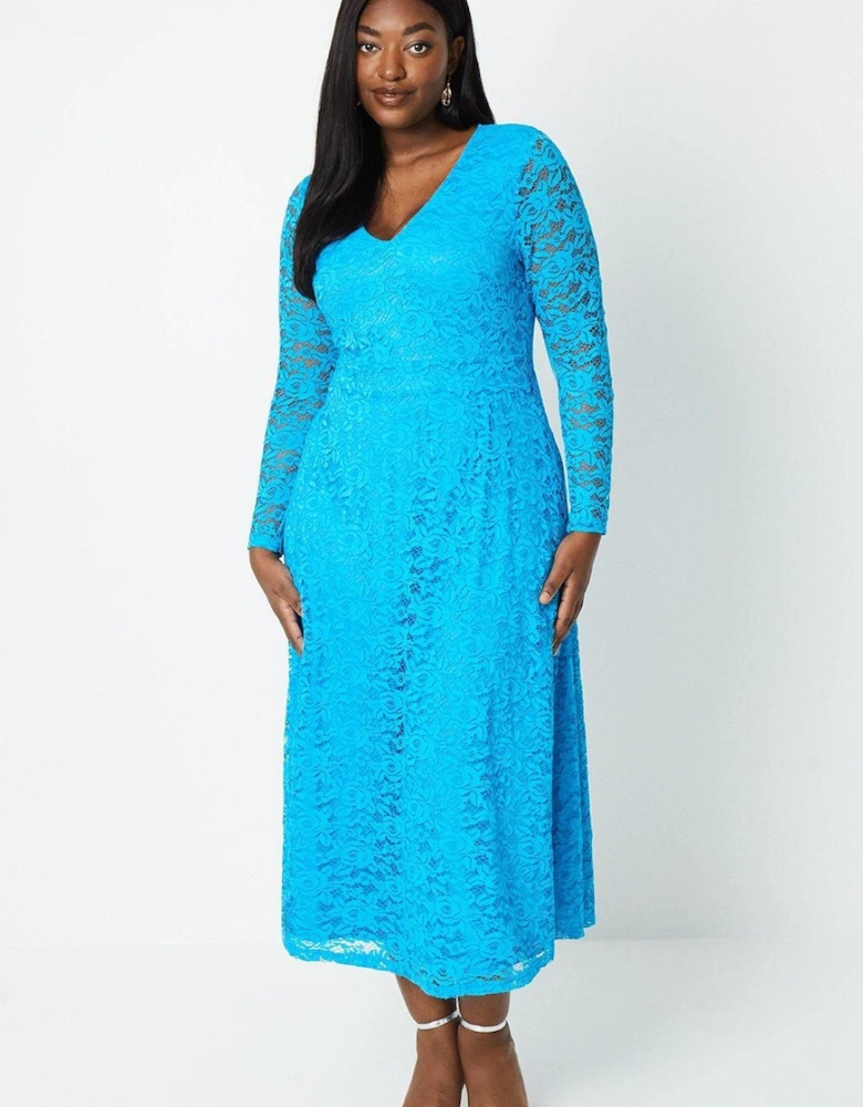 Plus Stretch Lace V Neck Midi Dress
