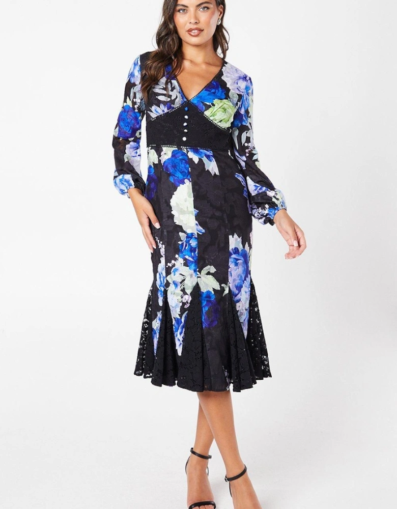 Printed Lace Long Sleeve Midi Wedding Guest Dress