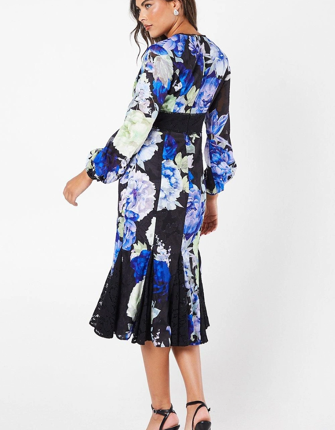 Printed Lace Long Sleeve Midi Wedding Guest Dress