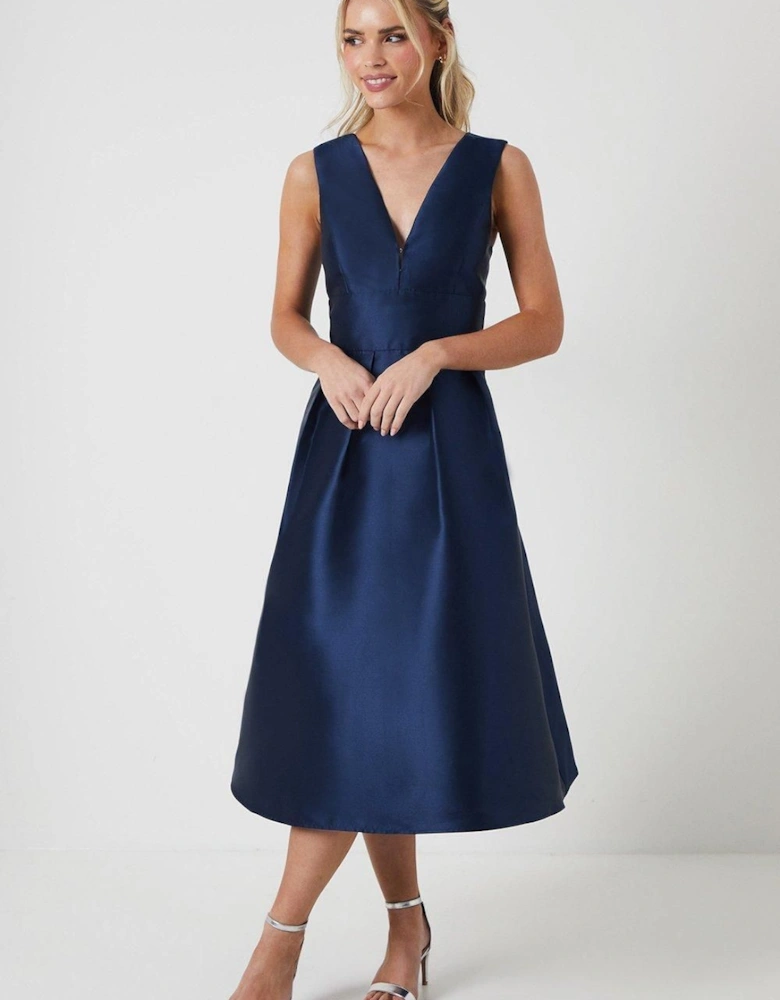 Petite Plunge Neck Structured Twill Bridesmaid Midi Dress