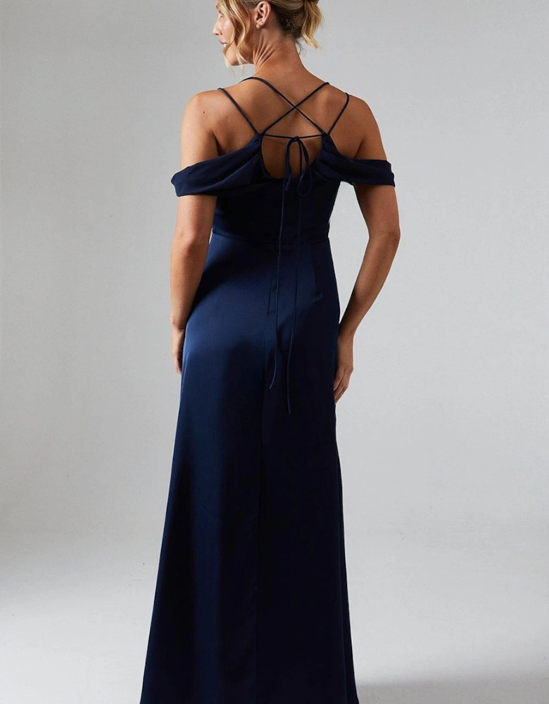 Wrap Cold Shoulder Strappy Satin Bridesmaid Dress