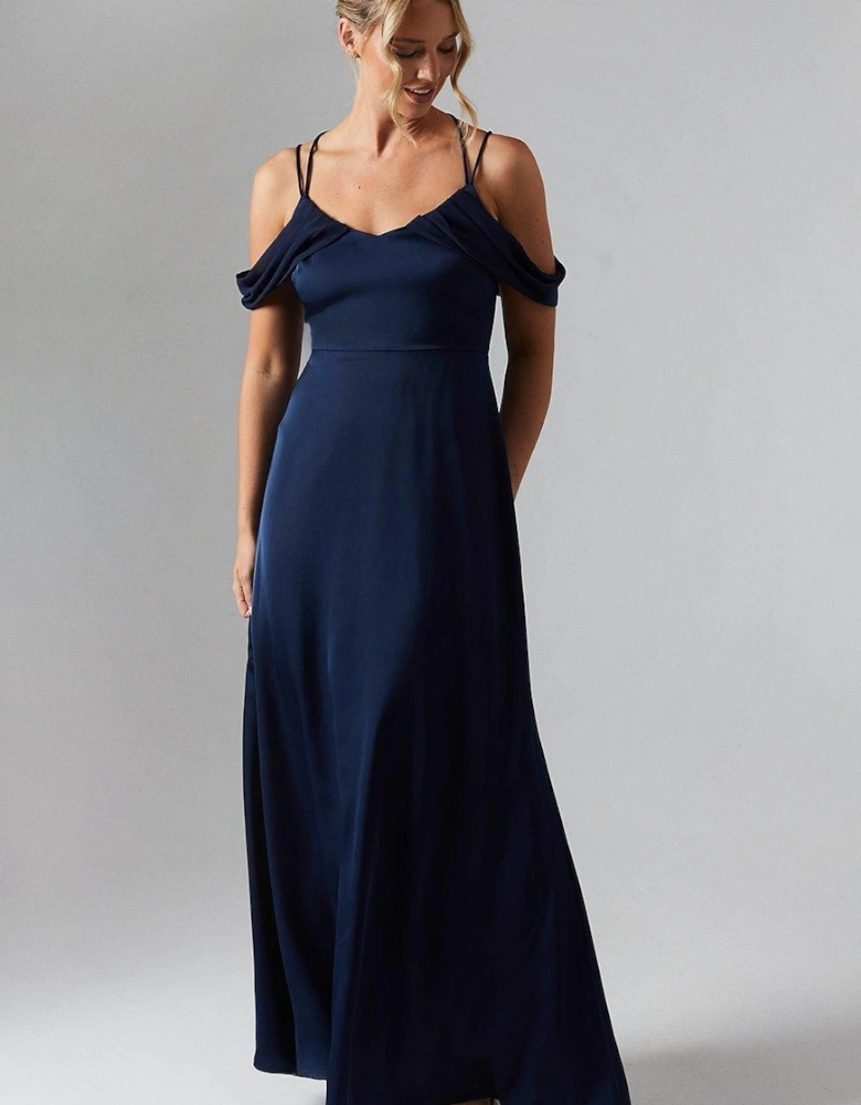 Wrap Cold Shoulder Strappy Satin Bridesmaid Dress