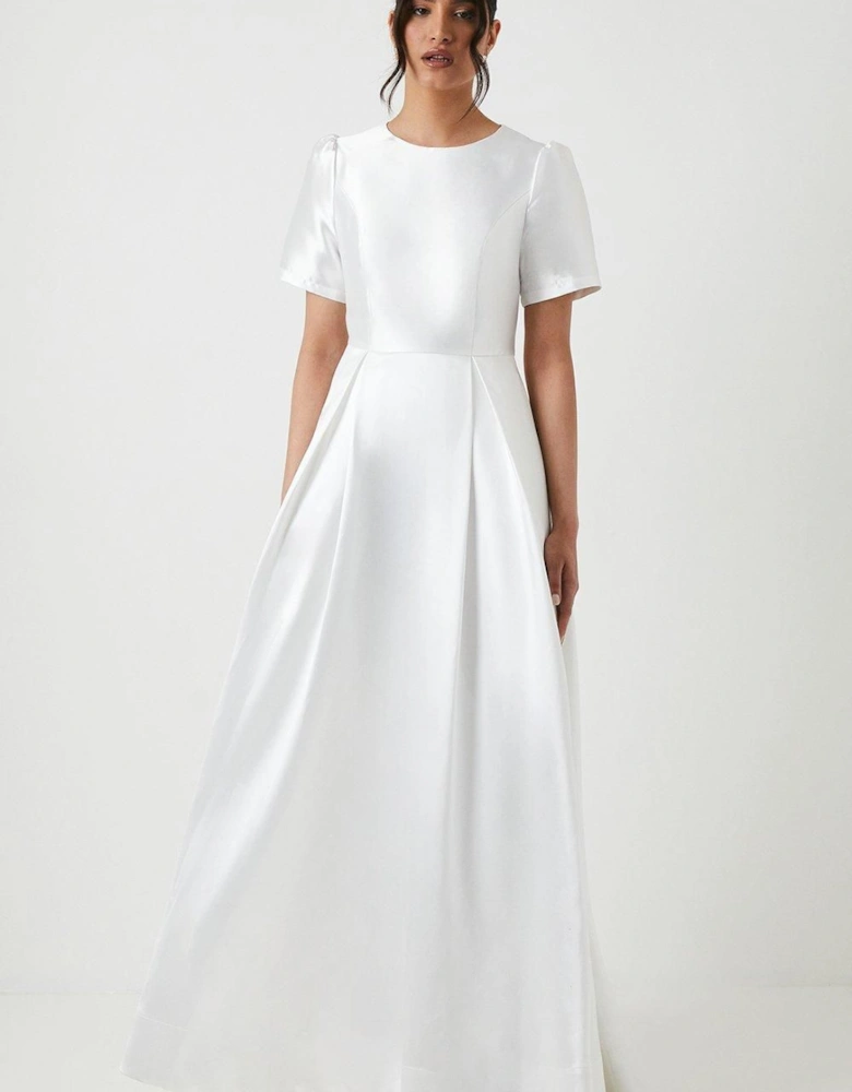 Short Sleeve Bow Back Twill Wedding Dress