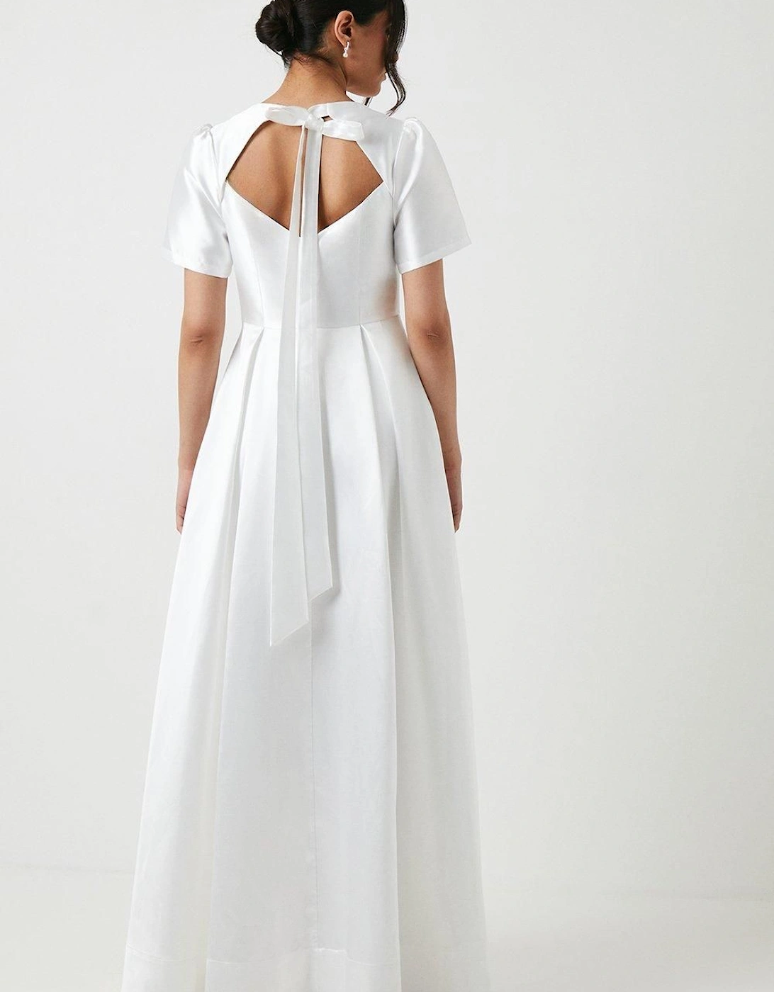 Short Sleeve Bow Back Twill Wedding Dress