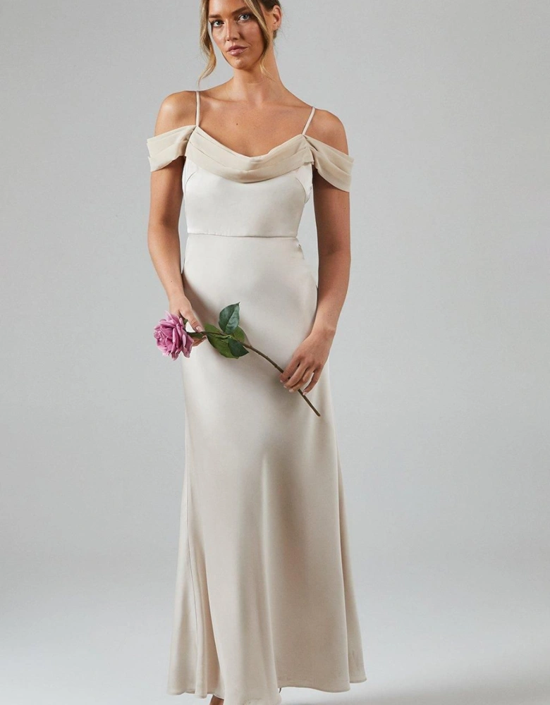 Cowl Neck Cold Shoulder Satin Bridesmaid Dress