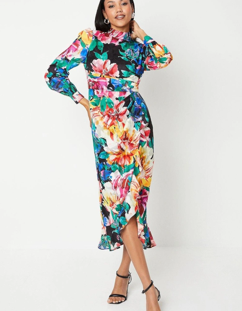 Blouson Sleeve Georgette Jacquard Printed Midi Dress